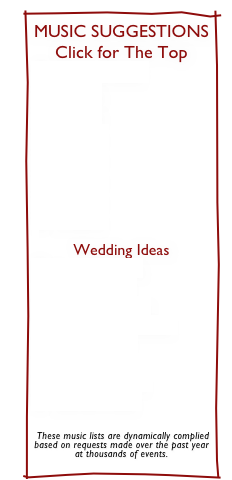 MUSIC SUGGESTIONS

The Top
200 Songs
2000’s
1990’s
1980’s
1970’s
1960’s
1950’s

Wedding Ideas
Introductions
First Dance
Bride & Father
Groom & Mother
Bridal Party
Cake Cutting 
Bouquet Toss
Garter Toss


 These music lists are dynamically complied
based on requests made over the past year
at thousands of events.  
